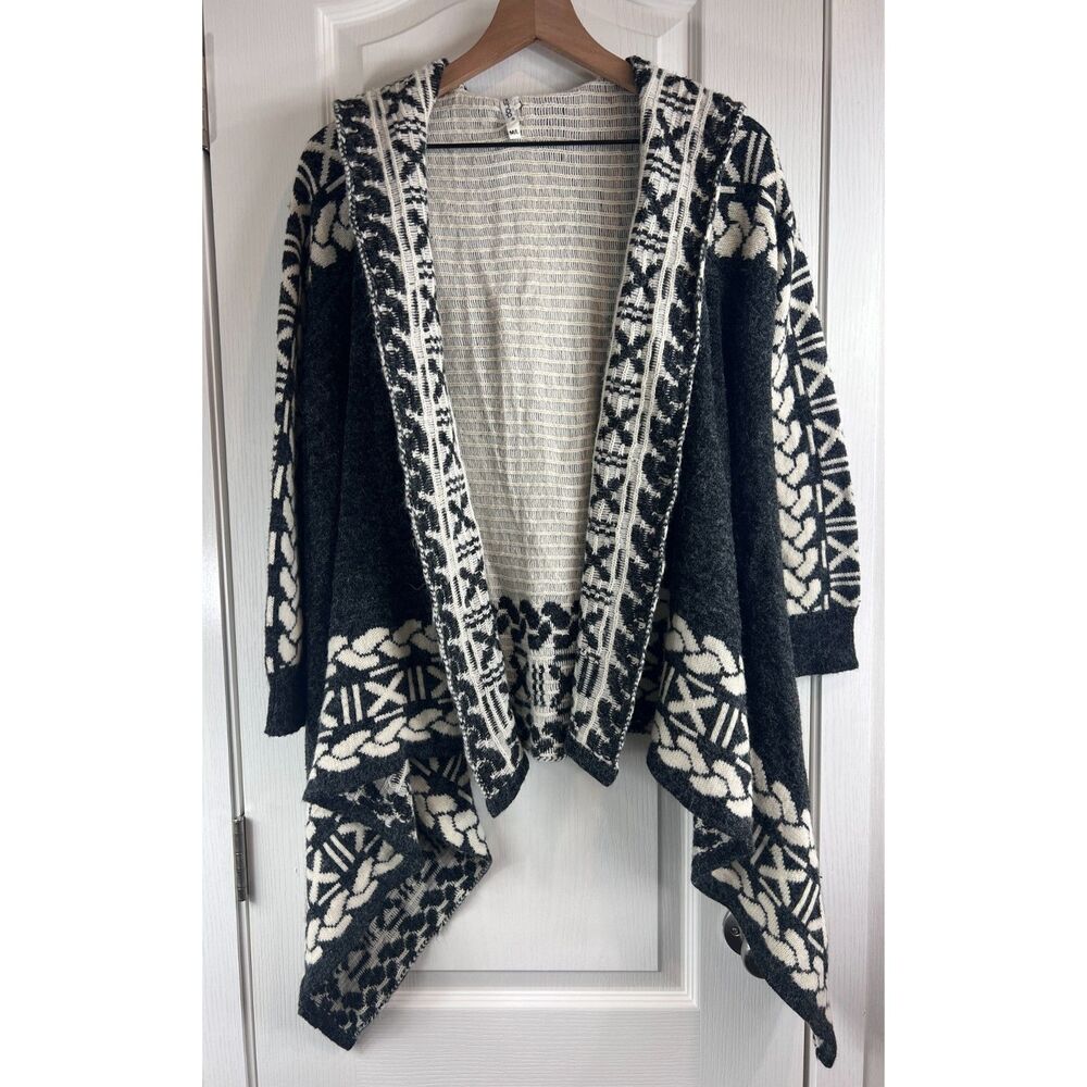 leshop Women's Cardigan Sweater Hooded Charcoal Gray Cream Print Size M / L